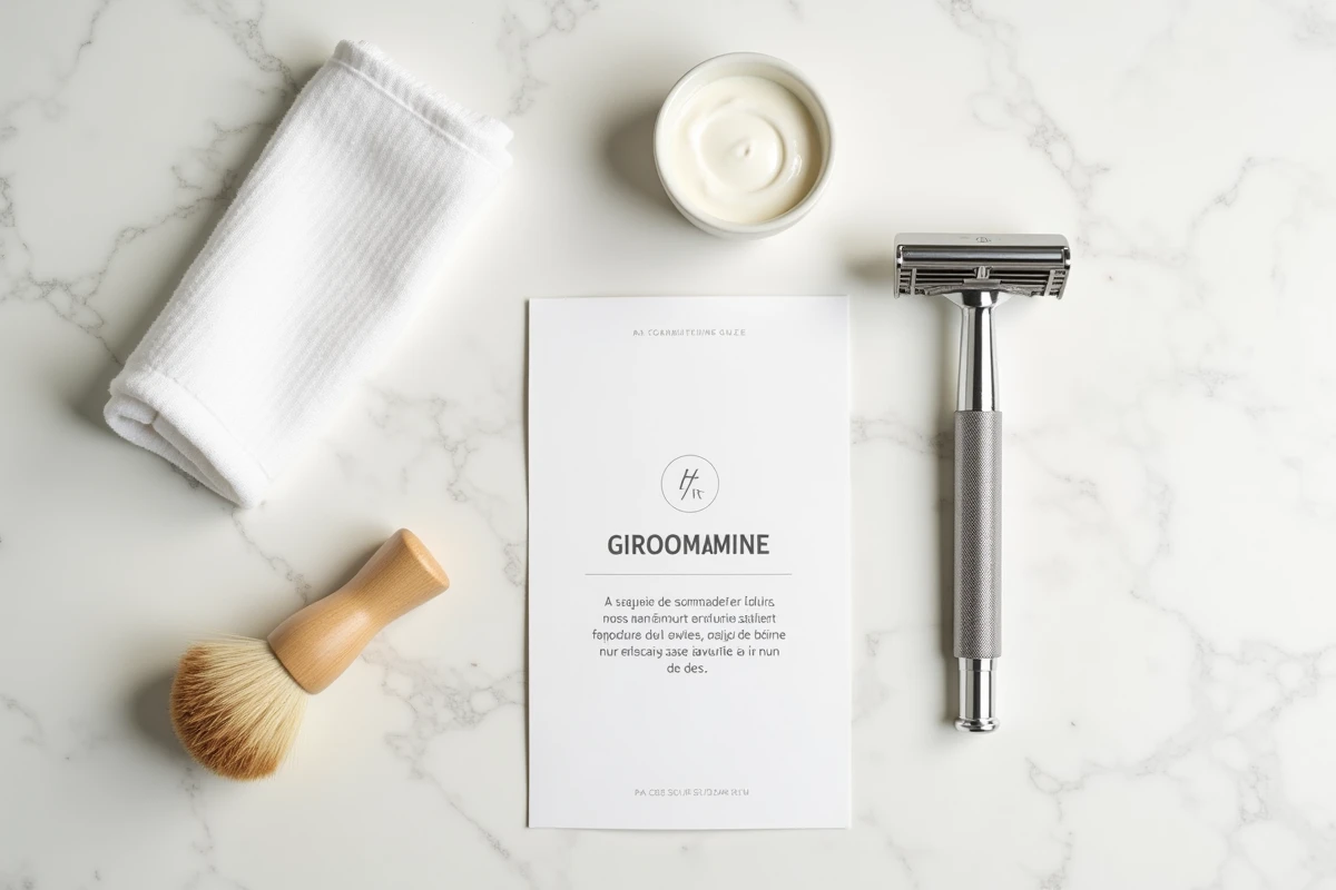 Accessoires de rasage ticket de métro pour le maillot disposés en flat-lay sur marbre blanc