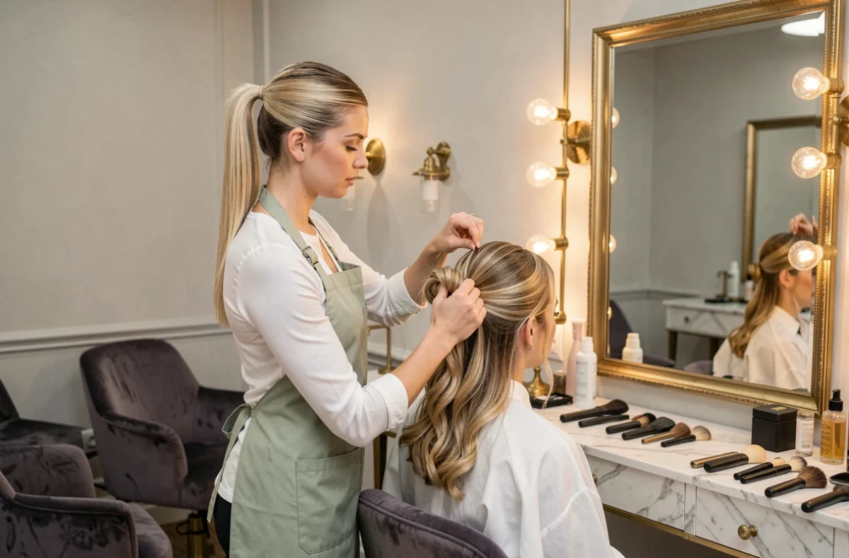 Amélie Verjat réalisant un chignon de mariée élaboré dans son salon de coiffure à Troyes