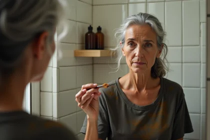 Femme d'une cinquantaine d'années appliquant du henné colorant sur ses racines grises devant un miroir de salle de bain