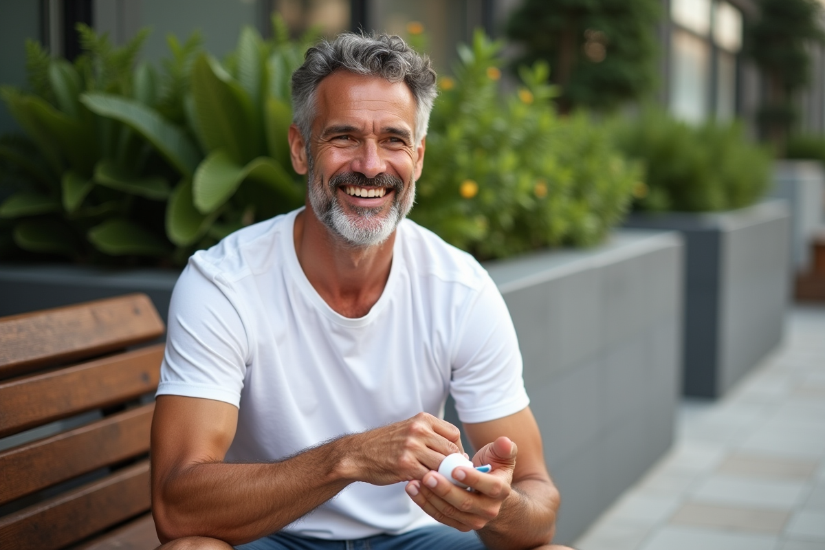 Homme appliquant creme solaire sur son bras en terrasse urbaine