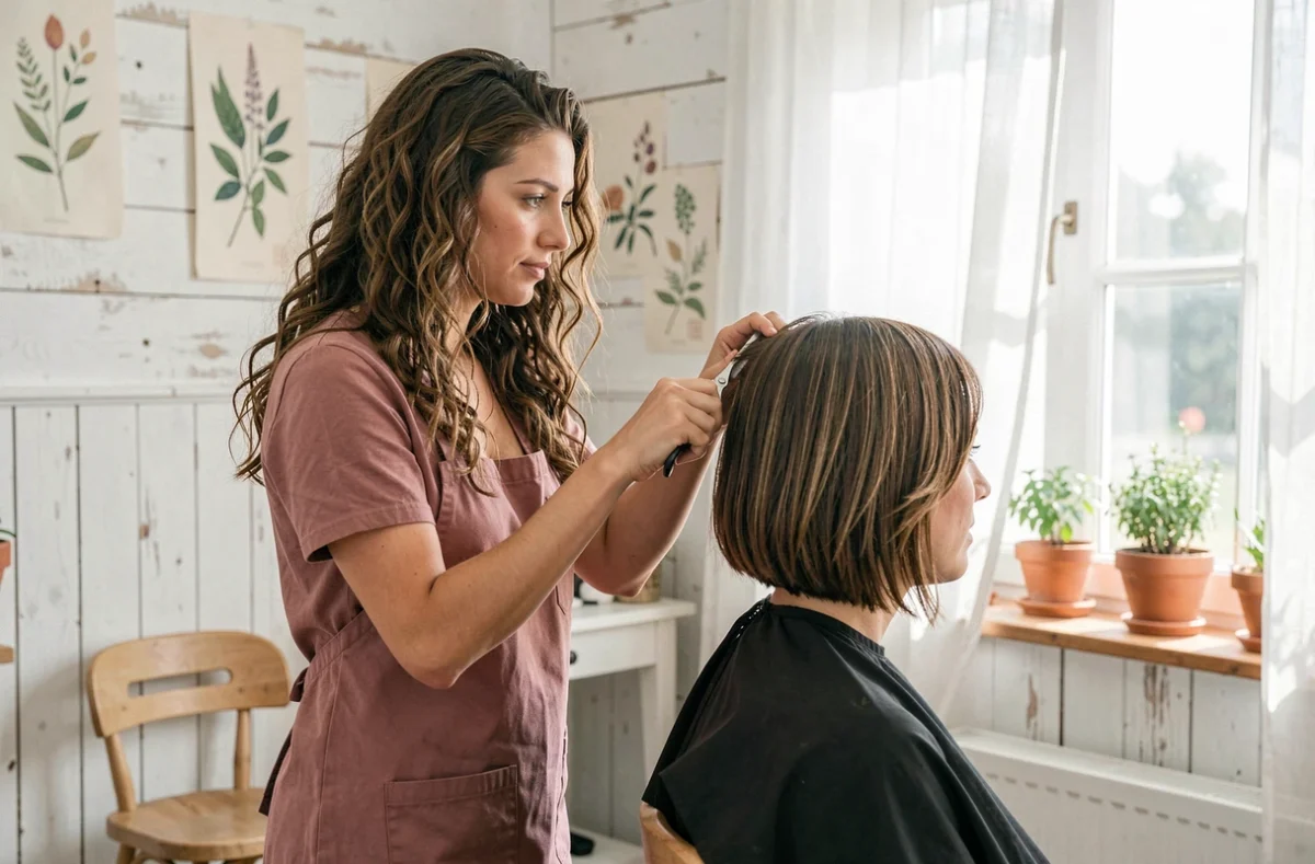 Coiffeuse Audrey S. réalisant un carré plongeant sur une cliente dans son salon à Champigny dans la Marne