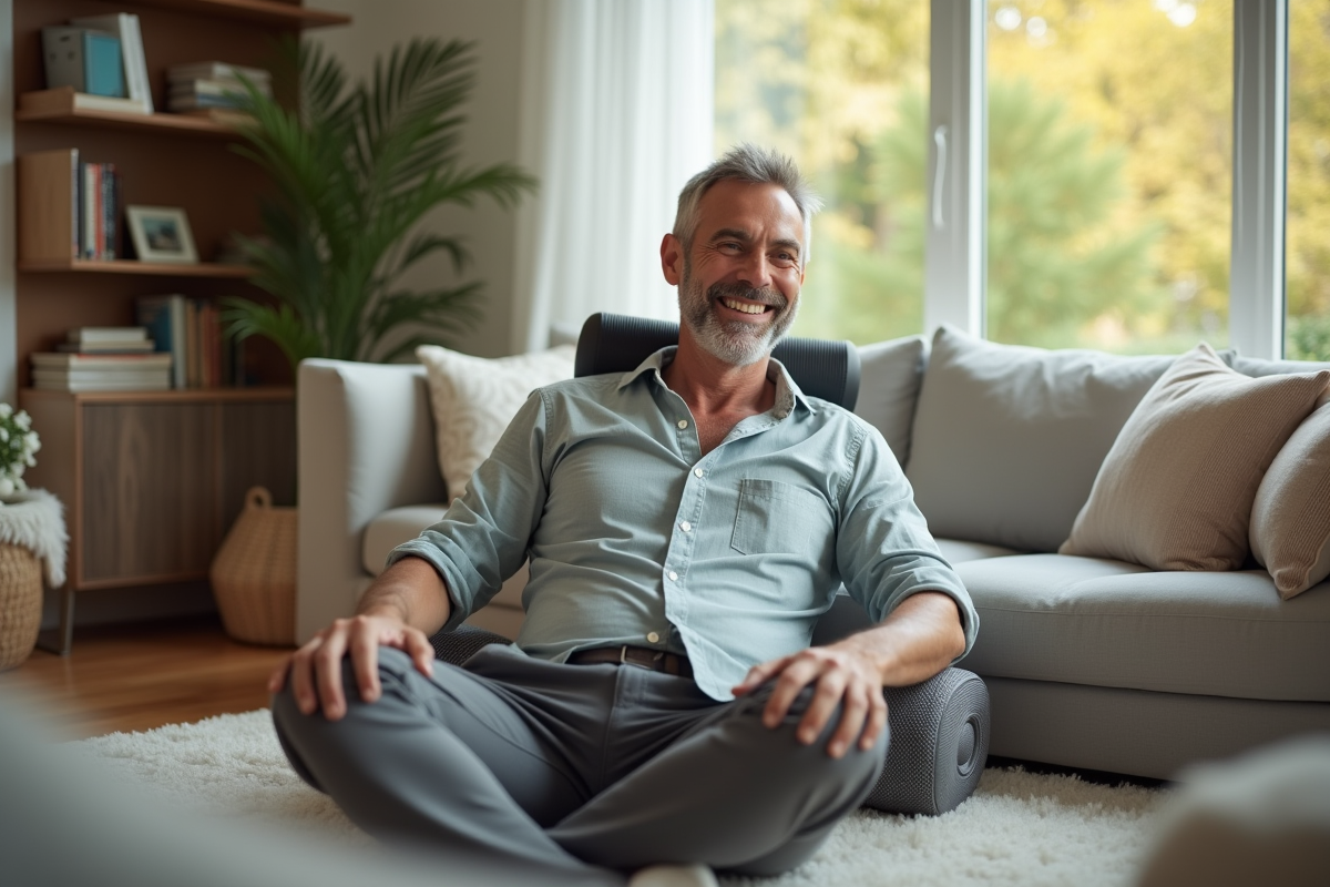 Homme souriant pratiquant un auto-massage avec un foam roller