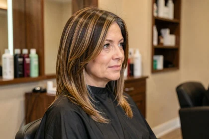 Femme aux cheveux châtains avec balayage caramel couvrant les cheveux blancs dans un salon de coiffure moderne