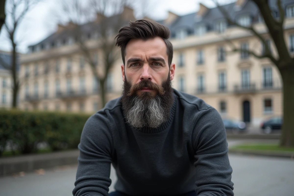 Portrait d'un homme français avec une barbe longue grisonnante et un pull col roulé dans un cadre urbain parisien