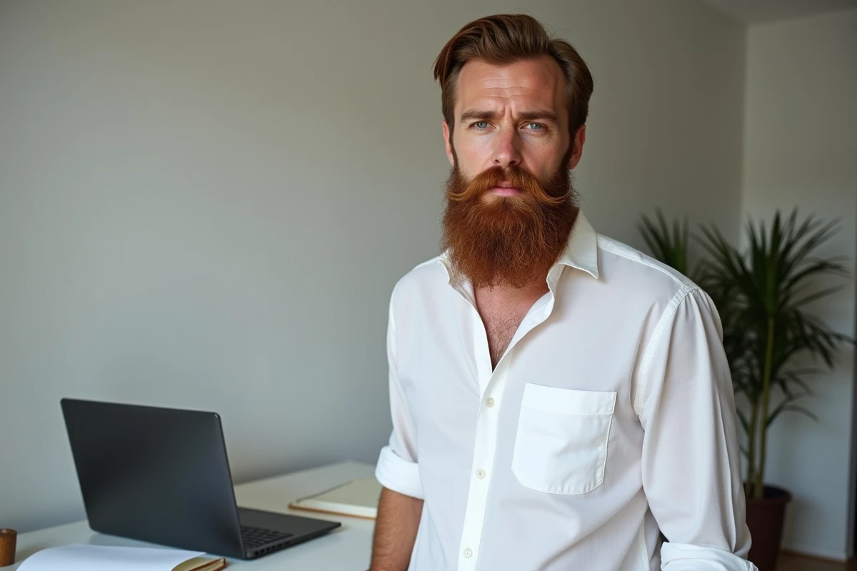 Homme français avec une barbe rousse longue et taillée en télétravail dans un espace de travail moderne et épuré