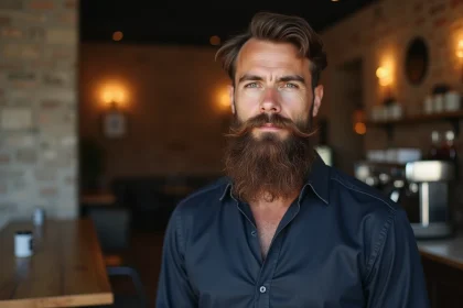 Homme français aux cheveux bruns portant une longue barbe taillée avec soin dans un café parisien