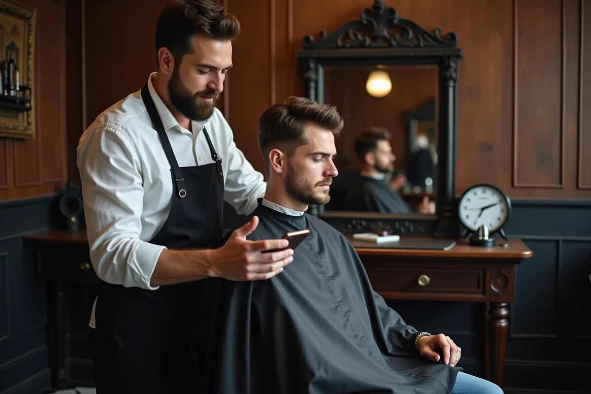 Coiffeur et client consultant ensemble des options de longueur de coupe sur smartphone dans un barbershop classique