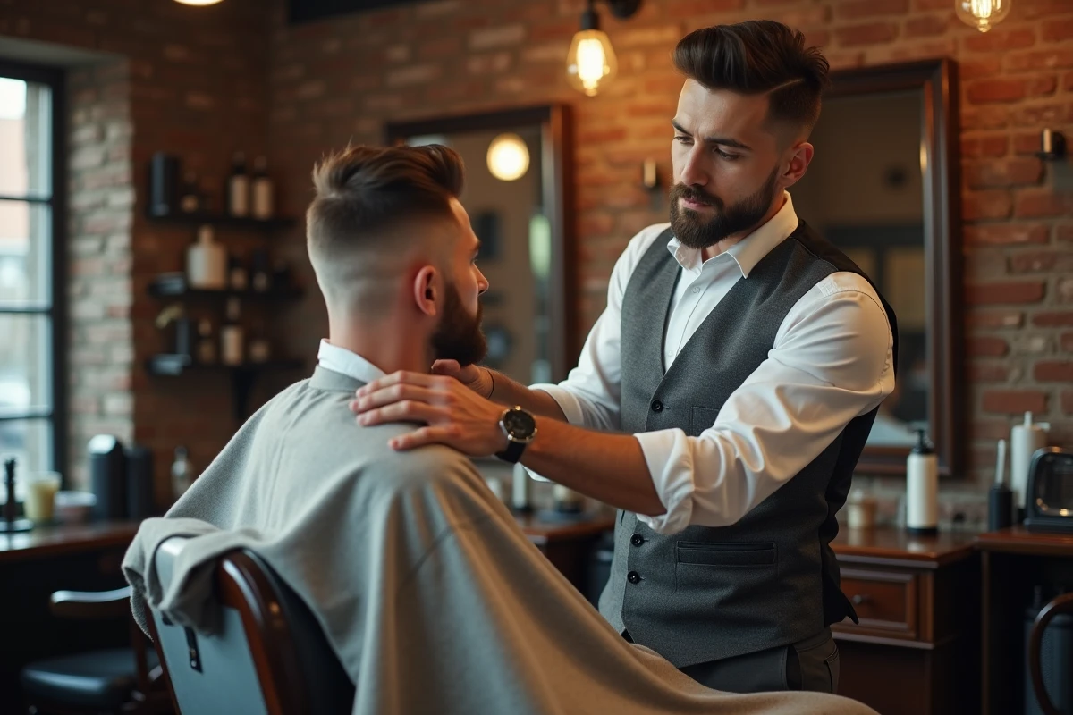 Jeune barbier montrant une coupe fade à un client