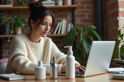 Jeune blogueuse beauté travaillant sur son blog depuis un bureau en bois entouré de produits cosmétiques et d'un ordinateur portable