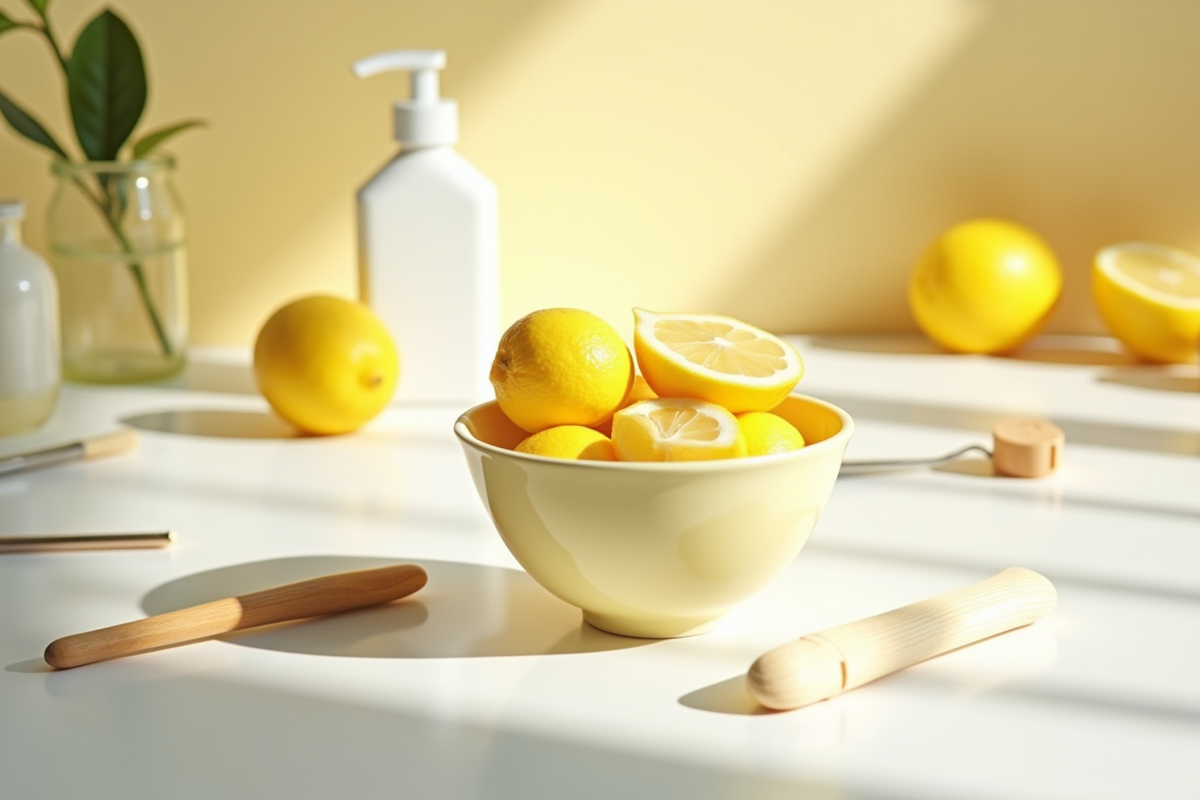 Bol de tranches de citron avec outils de beauté et ingrédients naturels