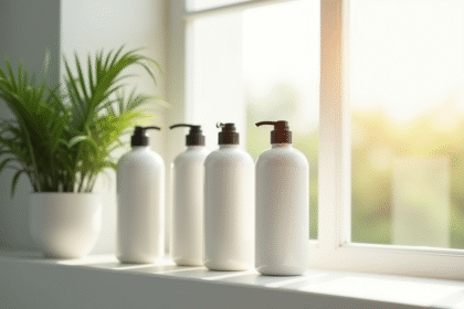 Plusieurs bouteilles de shampoing minimalistes sur une étagère blanche