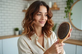 Femme aux cheveux ondulés tenant une brosse ronde à picots flexibles dans une salle de bain moderne