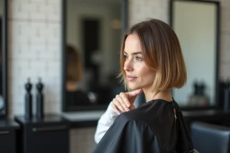Femme aux cheveux fins avec un carré dégradé classique à la hauteur du menton assise dans un salon de coiffure moderne