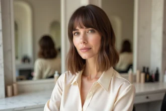 Femme aux cheveux fins et raides avec un carré flou volumisé dans un salon de coiffure parisien minimaliste