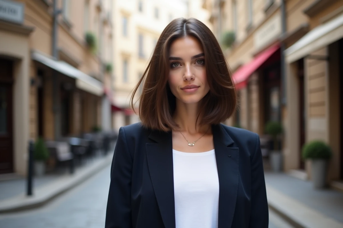 Coupe carré flou sur cheveux fins en plein air dans une rue européenne pavée, volume naturel à la racine