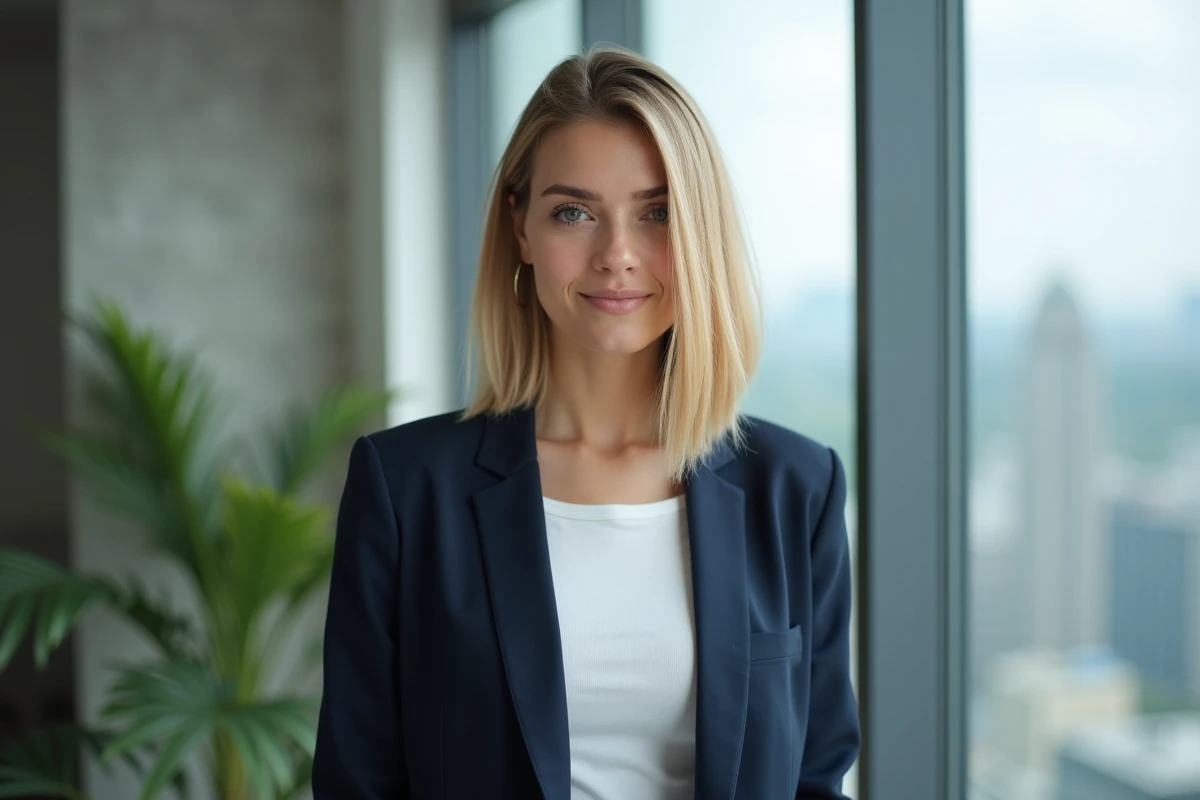 Femme blonde aux cheveux épais en carré mi-long lisse portant un blazer marine dans un appartement moderne
