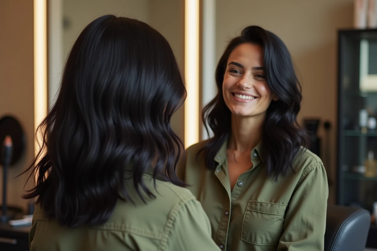 Femme aux cheveux noirs épais coiffée en carré mi-long ondulé dans un salon de coiffure, vue dans le miroir