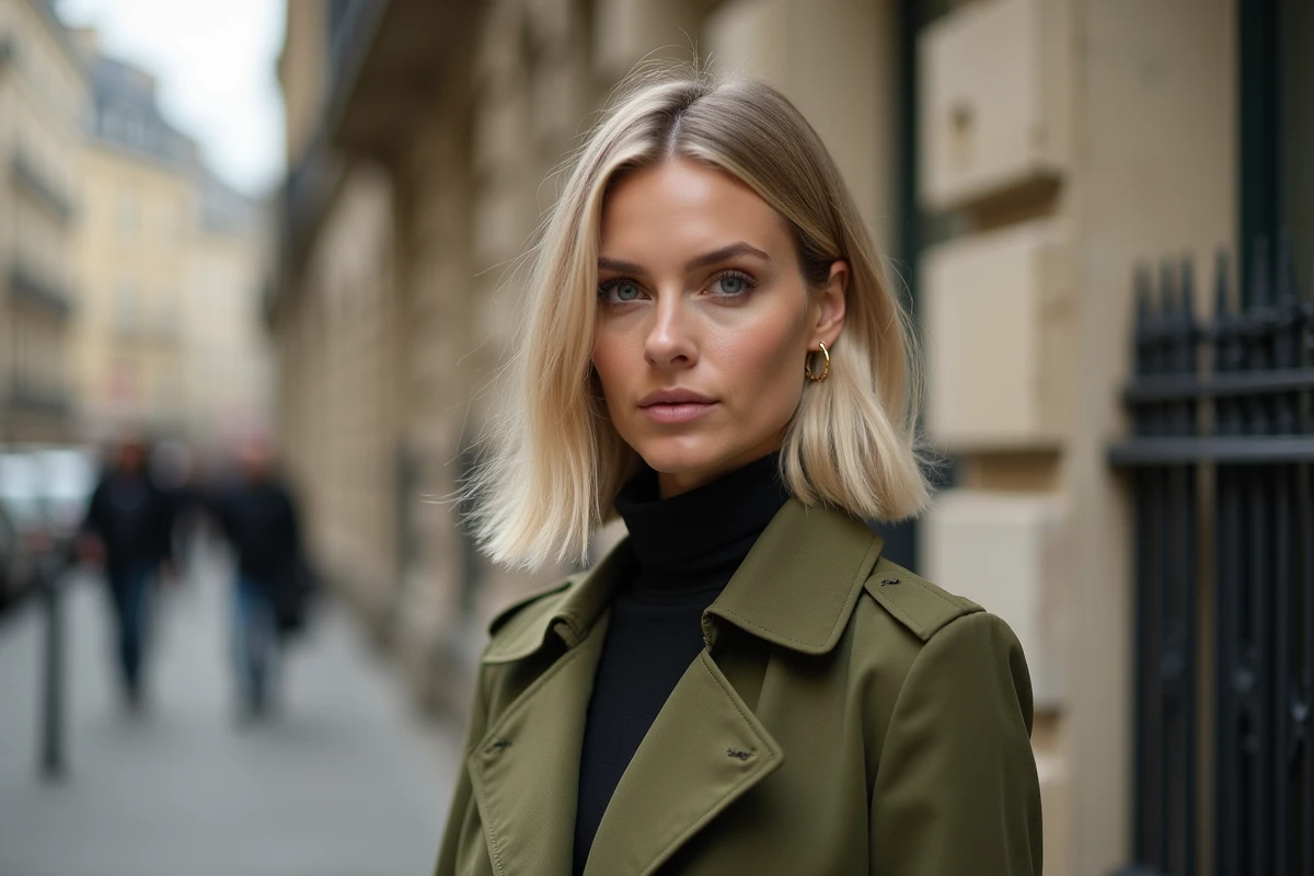 Femme portant un carré plongeant sur cheveux fins blonds cendres dans une rue parisienne