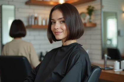Femme aux cheveux fins coiffés en carré plongeant sans dégradé dans un salon moderne