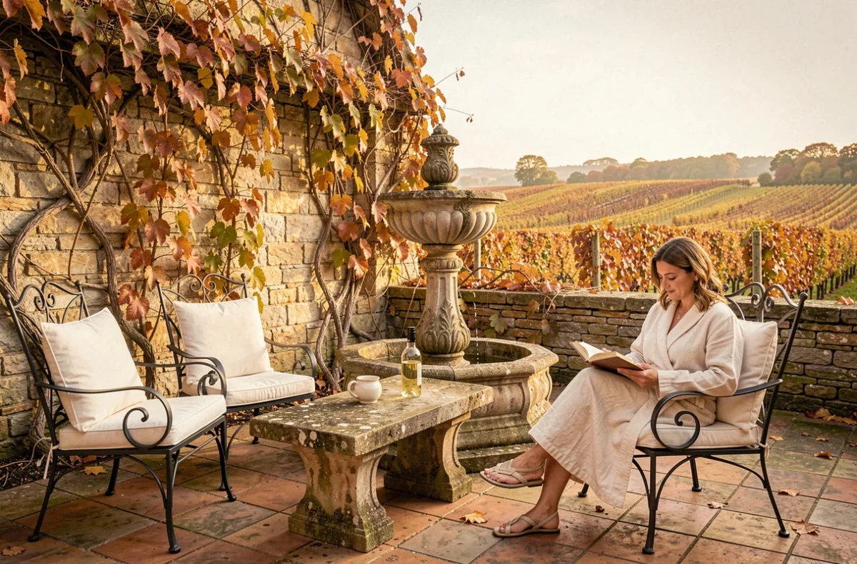 Cour intérieure du Château et Spa de la Cueillette à Meursault, avec fontaine en pierre, vignes aux feuilles d'automne et cliente en robe de spa lisant dans un jardin viticole