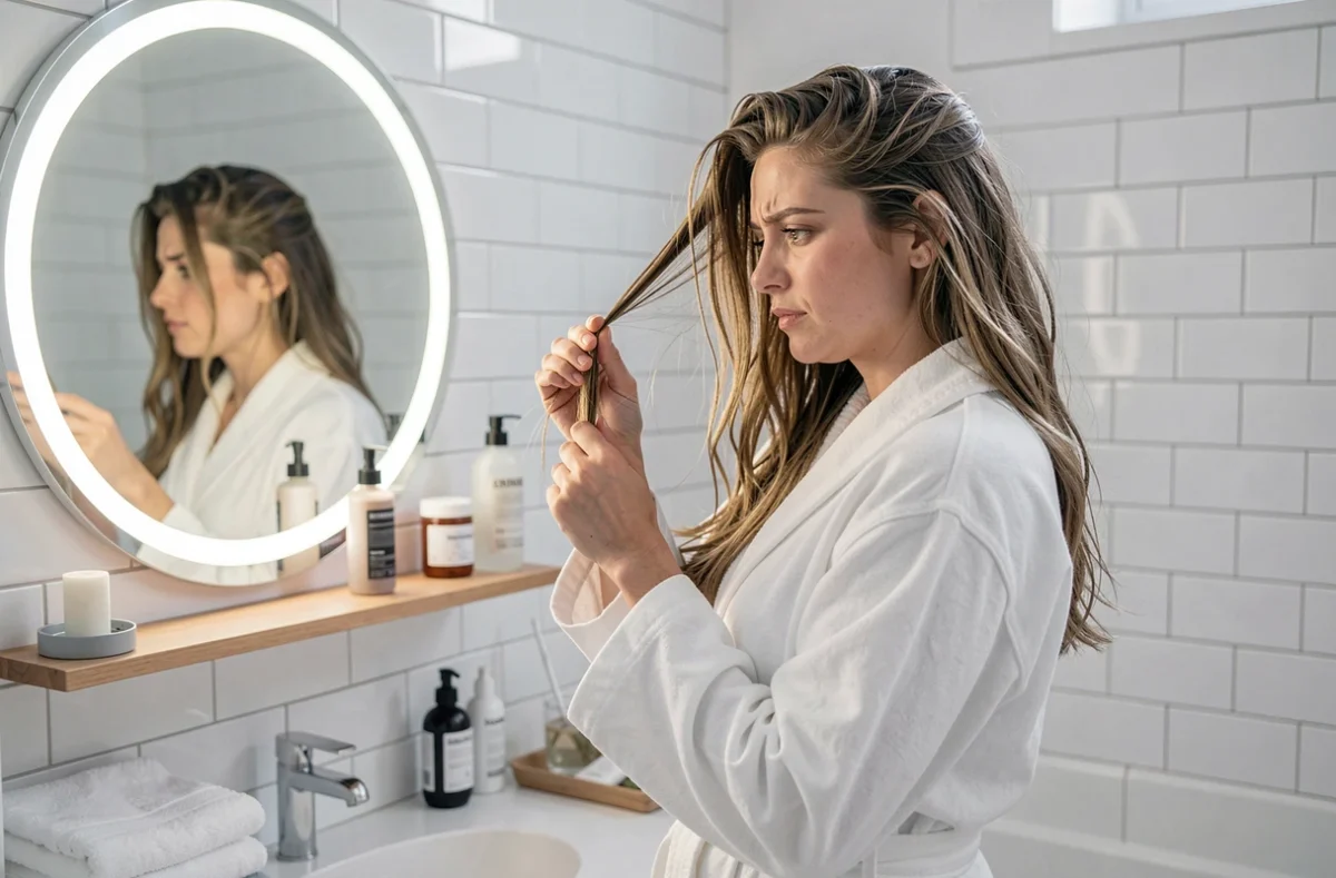 Femme inspectant ses cheveux fins abîmés après une permanente ratée dans une salle de bain moderne