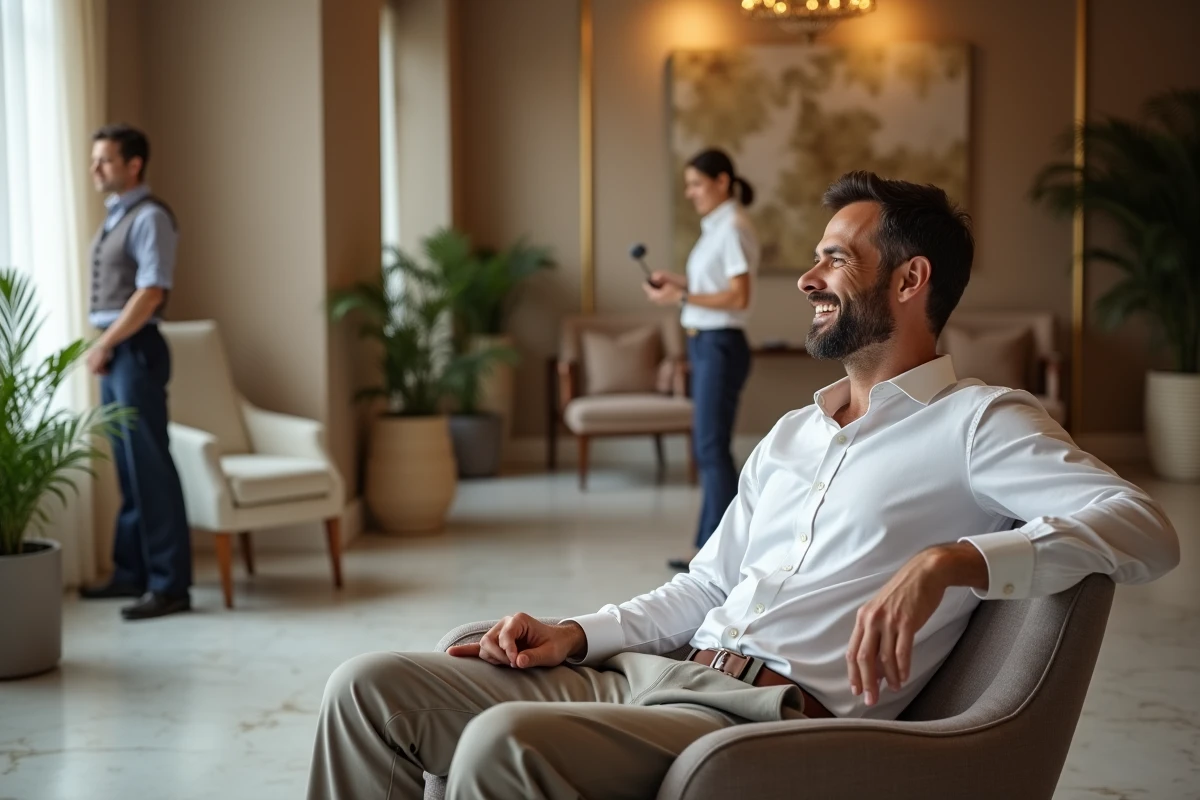 Homme souriant dans un salon d