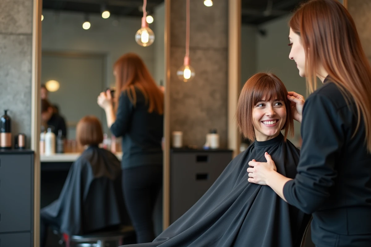 Cliente souriante dans un fauteuil de salon de coiffure parisien pendant une transformation de coupe et coloration