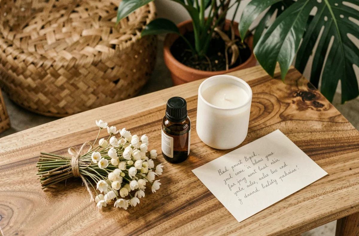 Coffret cadeau bien-être artisanal au jasmin de Bali avec bougie, fleurs séchées et huile essentielle sur bois teck