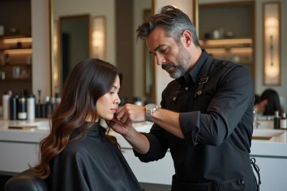 Coiffeur professionnel analysant les cheveux d'une cliente dans un salon parisien haut de gamme avant un changement de look radical