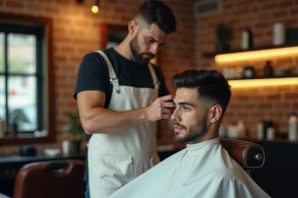 Coiffeur homme réalisant une coupe taper dans un salon de barbier moderne avec chaise en cuir et murs en briques