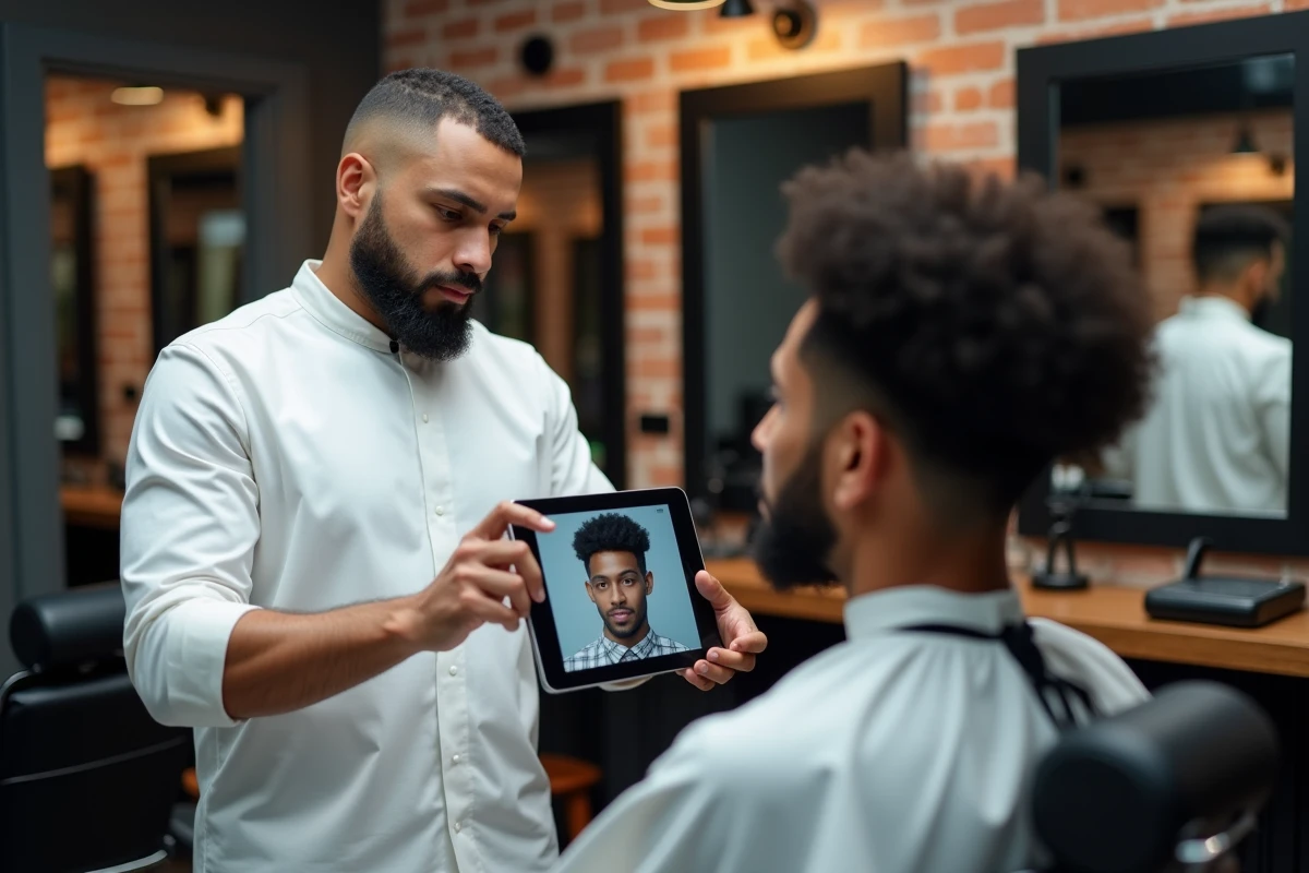 Coiffeur montrant une photo de référence de dégradé espagnol à son client aux cheveux bouclés
