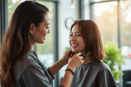 Coiffeur en salon moderne montrant une coupe en couches