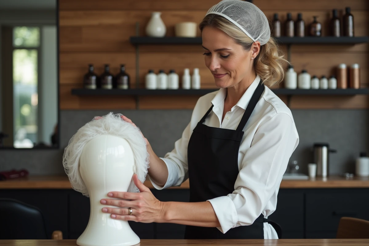 Coiffeuse en salon attachant un filet à un mannequin