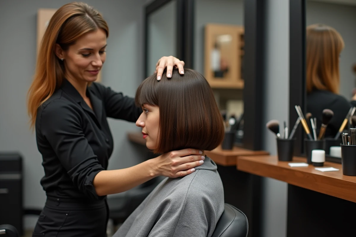 Coiffeuse professionnelle finissant un carré flou sur cheveux fins dans un salon moderne avec miroir et outils visibles