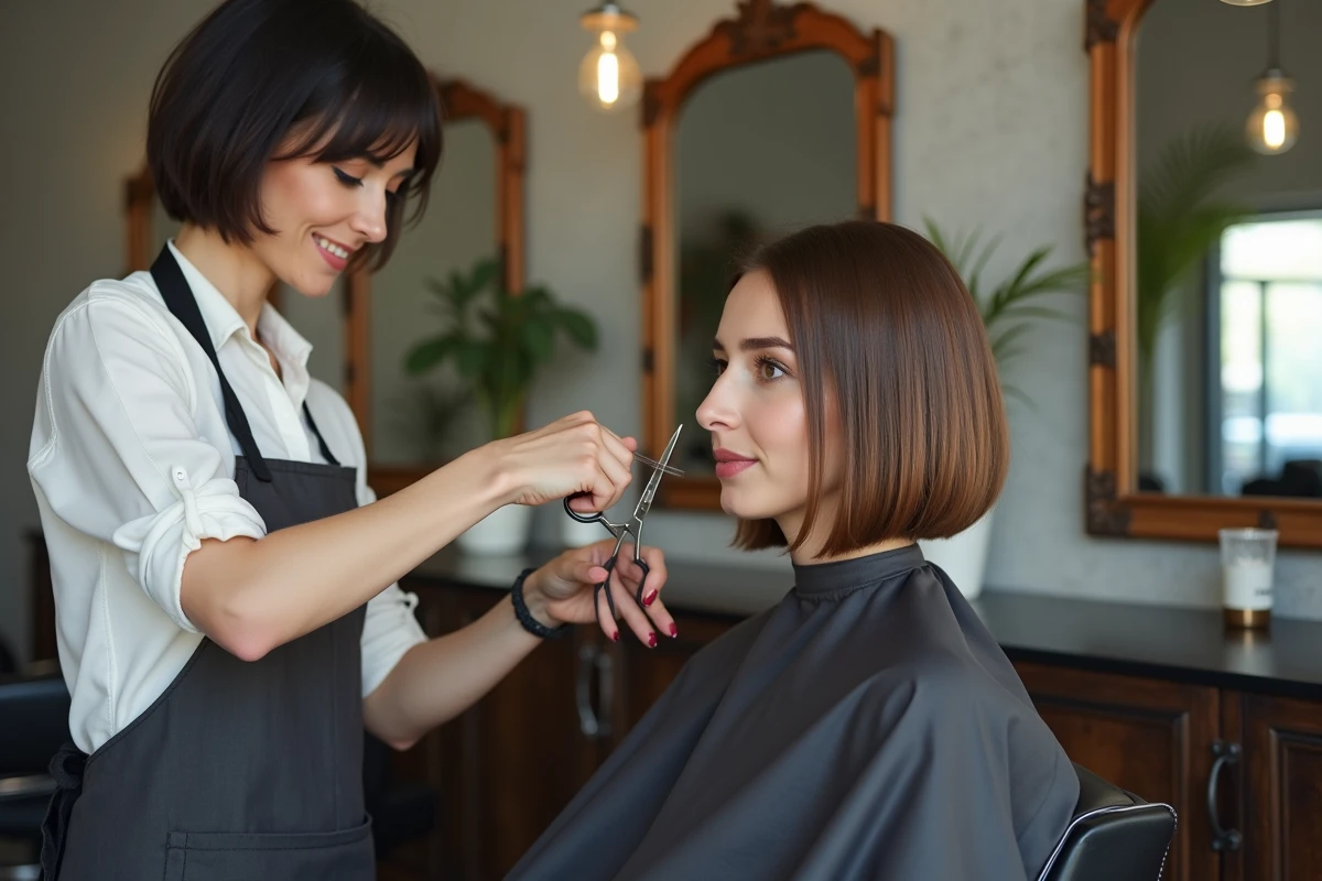 Coiffeuse réalisant un carré plongeant avec dégradé sur cheveux fins en salon contemporain
