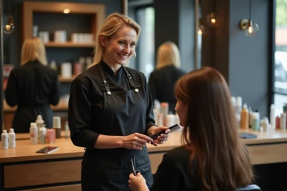 Coiffeuse femme en salon moderne avec ciseaux et peigne