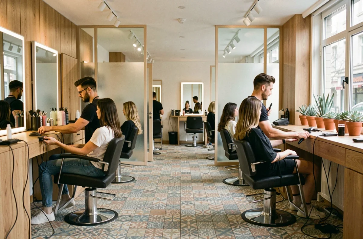 Deux coiffeurs travaillant côte à côte dans le salon mixte Coiffurama, ambiance moderne et chaleureuse