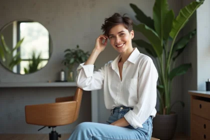 Femme avec coupe asymetrique dans un salon minimaliste