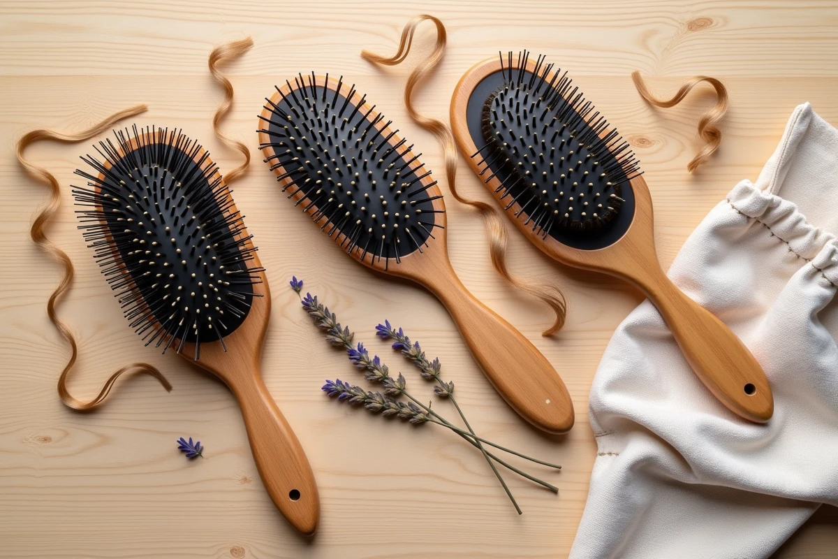 Comparaison de trois types de brosses à cheveux pour boucles sur fond en bois clair