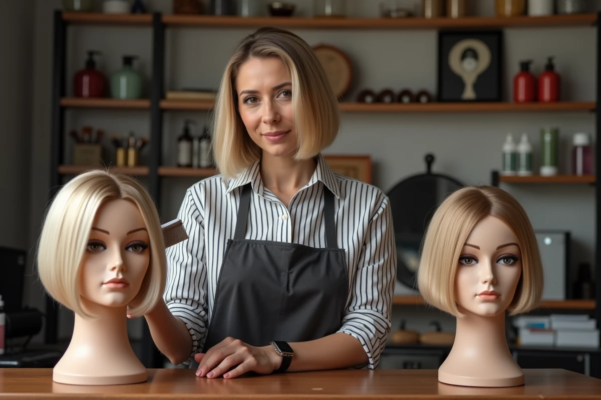 Coiffeuse comparant un carré classique et un carré plongeant sur deux têtes de mannequin dans un studio de coiffure