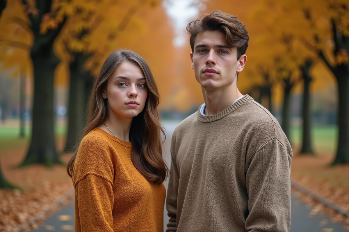 Deux personnes aux yeux verts et bleus en extérieur en automne, comparaison des couleurs d'iris naturelles