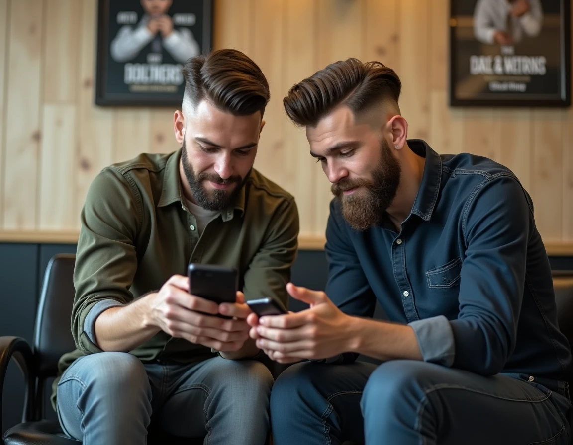 Deux hommes assis dans un salon de coiffure comparant des exemples de coupe taper sur un téléphone, montrant la différence entre une bonne et une mauvaise exécution
