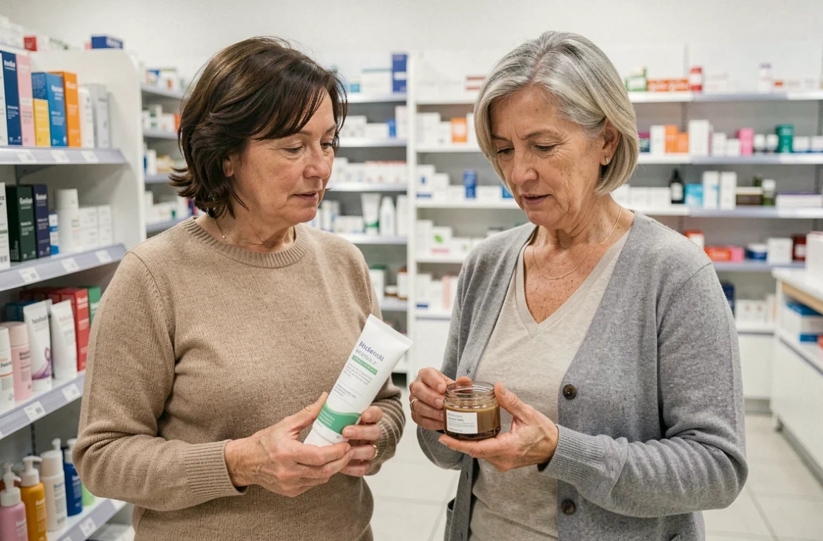 Deux femmes quinquagénaires comparant des crèmes anti-rides dans une pharmacie en tenant un tube de parapharmacie et un pot premium
