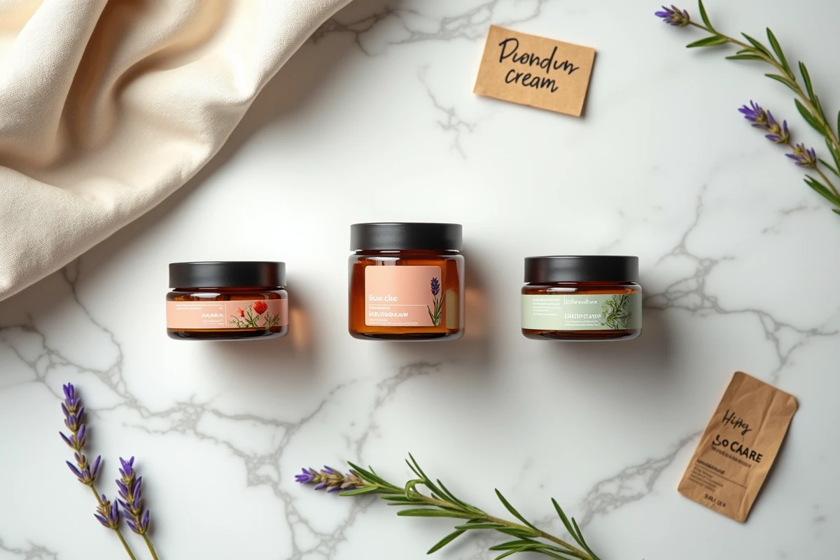 Comparaison flat lay de crèmes hydratantes bio et conventionnelles sur marbre blanc avec lavande et romarin