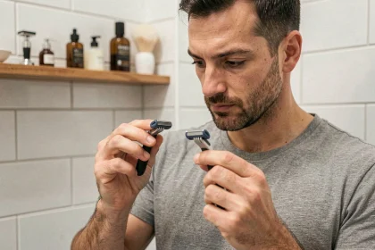 Homme comparant des lames de rasoir Treet et premium dans une salle de bain moderne