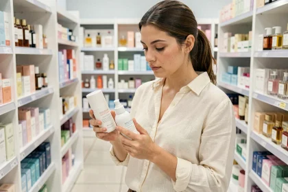 Jeune femme comparant deux produits cosmétiques dans une boutique beauté, analyse des prix entre enseignes Yesstyle, Sephora et Marionnaud