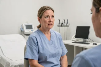 Femme d'une quarantaine d'années en consultation dermatologique pour examiner une anomalie capillaire précoce