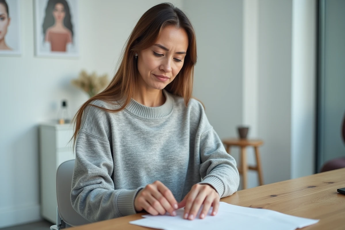 Femme adulte en consultation dermatologique examinant son ongle fendu dans un cabinet médical moderne