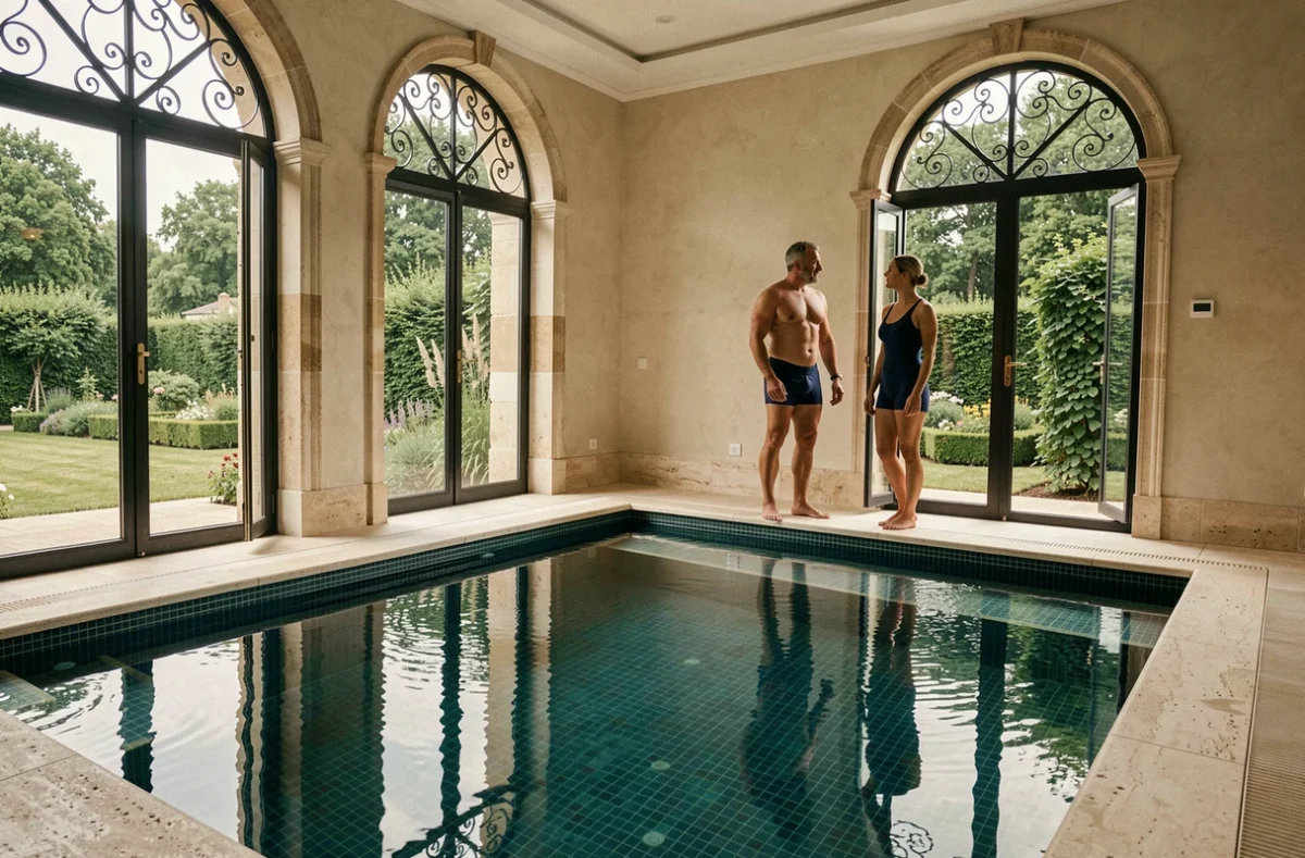 Piscine intérieure mosaïque du spa de La Côte Saint-Jacques à Joigny, avec vue sur jardin à la française et couple en maillot se relaxant au bord de l'eau