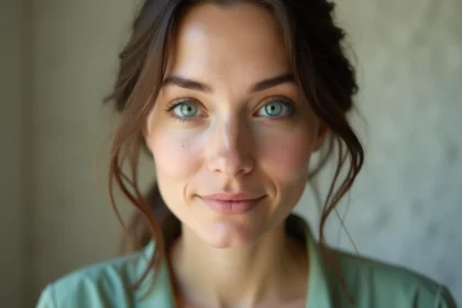 Portrait en gros plan d'une femme aux yeux bleu-vert avec détail de l'iris, illustrant les variations de couleur des yeux
